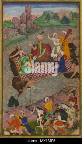 . English: Illustrations from the Manuscript of Baburnama (Memoirs of Babur) - Late 16th Century Bāburnāma is the memoirs of Ẓahīr ud-Dīn Muḥammad Bābur (1483-1530), founder of the Mughal Empire and a great-great-great-grandson of Timur. It is an autobiographical work, originally written in the Chagatai language, known to Babur as 'Turki' (meaning Turkic), the spoken language of the Andijan-Timurids. Because of Babur's cultural origin, his prose is highly Persianized in its sentence structure, morphology, and vocabulary,and also contains many phrases and smaller poems in Persian. During Empero