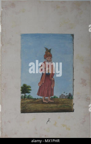 . Lingayat vader (mendicant priest). Anglo-Indian school at Delhi, circa 1835. Opaque watercolour heightened with gold on wasli with 4 accompanying pages of descriptive text elegantly written by Muhammad Bakhsh. Folio 33.3 x 20cm; image 17.4 x 11.5cm. Mounted/matted. Lingayats are unorthodox monotheistic brahmins, worshipping only Shiva in the form of the lingam. Instead of the brahmin sacred thread they wear around their neck a cord with an Ishtalinga(lingam) attached. Their unorthodoxy is radical in rejecting the Vedas and paying no regard to the caste system, with their priests performing r Stock Photo