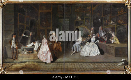 . English: Oil on canvas 163 cm × 308 cm (64 in × 121 in) . January 1720. Jean-Antoine Watteau 353 L'Enseigne de Gersaint Stock Photo