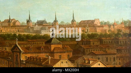 . Español: Detalle de la fachada del Palacio del Buen Retiro en el cuadro 'Vista de la calle de Alcalá' de Antonio Joli. circa 1750. Antonio Joli 104 Buen Retiro Antonio Joli Stock Photo