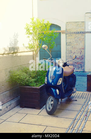 Blue scooter on a street next to a tub with a little tree in a sunny day. Stock Photo