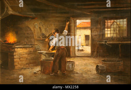 .  English: Two men work in a dark, smokey blacksmith shop surrounded by tools and a blazing forge, while a sunny landscape is visible outside. . late 19th century 103 The Blacksmith's Studio Stock Photo