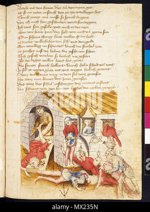 . Nibelungenlied. Hundeshagenscher Kodex . 15th century. Unknown 163 Die Toten werden aus dem Saal geworfen Hundeshagenscher Kodex Stock Photo