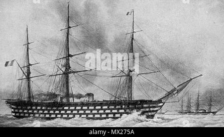 . English: French Ship 'Bretagne' launched in 1855 From Image: La Breragne, vaisseau a helice de 130 canons, deplacant 6.873 tonnes, lance en 1855. Aquarelle de F. Roux. -- Musee de a Marine.) -- Phot. porte. . François Roux 440 Navire Bretagne Stock Photo