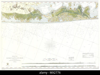 . Middle Part of the Southern Coast of Long Island - 1856.  English: This is an extraordinary and extremely rare hand colored large format sea chart or map depicting southeastern Long Island, New York in 1856. Details part of Suffolk county from Moriches Bay to Napeague Harbor, including the summer getaways of Sag Harbor, East Hampton, Southampton (South Hampton), Quogue, Bridgehampton and Amagansett, among others. Extends as far north as Gardiner’s Island and Hog Neck. Inland regions are depicted in considerable detail, down to individual buildings. In addition to inland details, this chart c Stock Photo