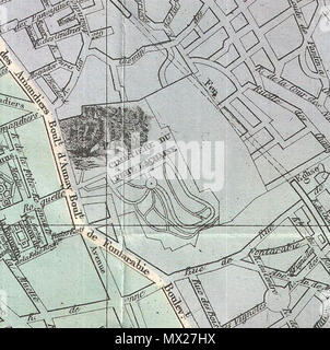 . Plan de Paris Illustre 1864.  English: An extremely attractive map of Paris, France issued in 1864 by the Garnier Freres. Covers the old walled city of Paris and the immediate vicinity. Important buildings are shown in profile. All major streets are identified. Color coded according to arrondissements. The four corners are occupied by a street index. The Coat of Arms of Paris appears in the upper right and left quadrants. . 1864 (dated) 9 1864 Garnier Map of Pairs, France w-Monuments - Geographicus - Paris-garnier-1864 (cropped) Stock Photo