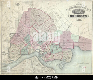 . Map of the Consolidated City of Brooklyn.  English: An extremely rare later edition of Henry McCloskey’s 1866 pocket map of the city of Brooklyn, New York. In the mid 19th century, fueled by the advent of the steam ferry, which made crossing the East River practical, Kings County experienced a massive population burst. Wealthy and poor alike were quick to abandon the dirty and claustrophobic Manhattan for then suburban lands just across the East River. In 1855 the communities of Brooklyn, Greenpoint, Bushwick and Williamsburg were consolidated by the State of New York into one large city, mo Stock Photo