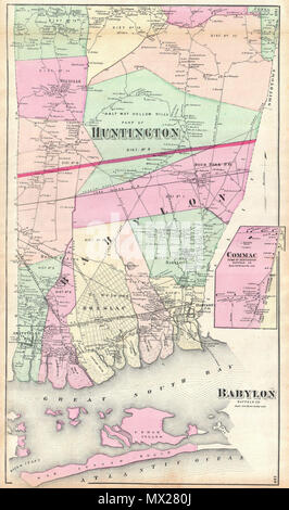 . Babylon Suffolk Co.  English: A scarce example of Fredrick W. Beers’ map of the southern part of Huntington and Babylon, Long Island, New York. Published in 1873, this magnificent map covers from Amityville to Babylon Cove. Extend as far moth as Melville and Half Way Hollow Hills, in Huntington. Southern part of map includes Great South Bay, Cedar Island and Oak Island Beach. Offers stupendous inland detail to the level of individual buildings and the names of land holders. Notes the route of the South Side railroad and the Long Island Railroad. An inset depicts the town of Commack, Huntingt Stock Photo