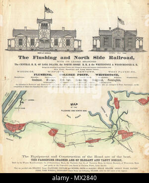 . The Flushing and North Side Railroad, with its leased branches.  English: A scarce example of Fredrick W. Beers’ map of the Flushing and North Side Railroads, Queens, Long Island, New York. Published in 1873. Covers from Long Island City, Queens eastward as far as Whitestone, College Point and Flushing. Details the course of the railroad with notes on major stops. Engravings of the Depot at Hinsdale and the National Rifle Range on top of map. Advertisement at the bottom of the map refers to the luxury and elegance of the trains and their design. Prepared by Beers, Comstock & Cline out of the Stock Photo