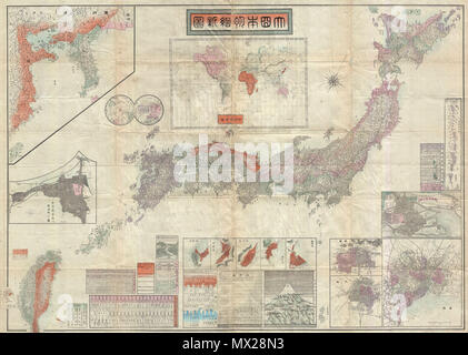 . Imperial Japan.  English: An extremely impressive large scale map of the Japanese Empire dating to 1895 or Meiji 28. This map was issued shortly after the 1895 Japanese invasion of Taiwan and is consequently one of the first Japanese maps to include Taiwan and Korea as provinces of Imperial Japan. The map also includes various insets focusing on various Japanese cities and important islands. At the base of the map there are various statistical charts as well as a comparative mountains and rivers chart. At the top center three is a world map showing the various continents with Japan itself hi Stock Photo