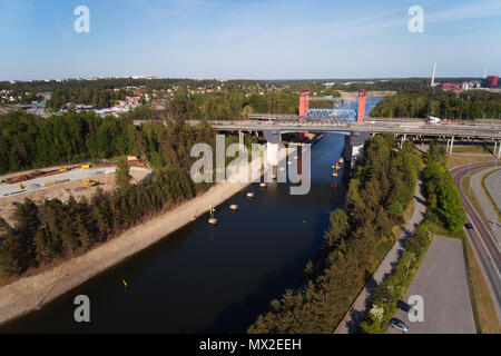 Sodertalje, Sweden - May 26, 2016: Aerial view of the Sodertalje canal towards the entrance from the Baltic Sea with three bridges crossing the canal