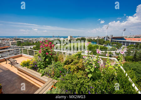 Beautiful modern terrace with a lot of flowers in Thessaloniki, Greece Stock Photo