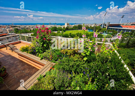 Beautiful modern terrace with a lot of flowers in Thessaloniki, Greece Stock Photo