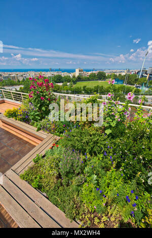 Beautiful modern terrace with a lot of flowers in Thessaloniki, Greece Stock Photo