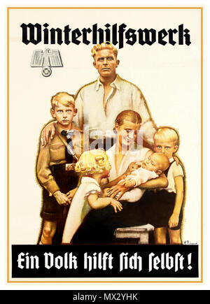 'Winterhilfswerk' Vintage 1940's WW2 Nazi Propaganda Poster with stereotypical Nazi ‘ideal’ blond aryan German family group of six including a boy in Hitler Youth uniform, promoting a Nazi winter charity for people to help others in need. The Nazi Germany family are bathed in a warm glowing light.  'Winterhilfswerk' Nazi Germany World War II Second World War WINTERHILFSWERK - EIN VOLK HILFT SICH SELBST! [WINTER RELIEF WORK - A PEOPLE HELPS ITSELF] Stock Photo