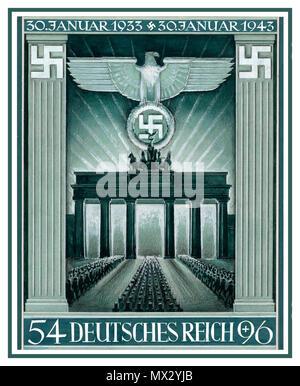 Vintage German Nazi postage stamp artwork propaganda Brandenburg Gate Berlin Nazi Germany 10th anniversary of the Nazi takeover by Adolf Hitler 1933-1943 artwork for Deutsches Reich commemorative stamp first day of issue Jan 1943 Graphics by G. Klein Stock Photo