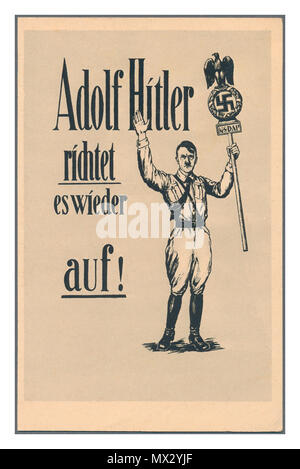 Vintage 1930’s Germany NSDAP Propaganda Postcard “Adolf Hitler directs to Back it up” Hitler asking for popular voter support of the German Nazi NSDAP Party holding a banner with German Eagle , Swastika and NSDAP Symbol Stock Photo