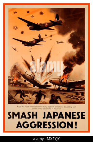 Vintage 1940's British WW2 propaganda poster 'Smash Japanese Aggression' with RAF aircraft on a bombing run at a Japanese aerodrome Moulmein South East Asia Stock Photo