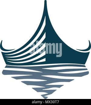 Wooden boat and waves on white background. Vector illustration icons. Stock Vector