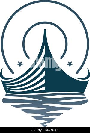 Wooden boat and waves on white background. Vector illustration logos. Stock Vector