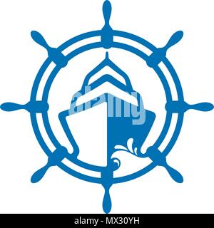 Boat and ship wheel on white background. Nautical icon design. Stock Vector