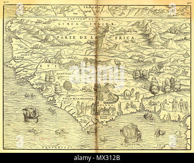 . English: Map of West Africa in G.B. Ramusio's Delle Navigationi et Viaggi, volume 3 Español: Mapa de África occidental en el volumen 3 de la obra Delle Navigationi et Viaggi de G.B. Ramusio. 1565. Giovanni Battista Ramusio or Giacomo Gastaldi 5 1565 West Africa Ramusio Delle Navigationi vol3 pp430-431 Stock Photo