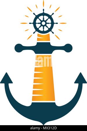 Lighthouse, anchor and ship wheel icon on white background. Vector logo design. Stock Vector