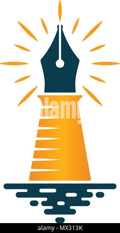 Lighthouse and fountain pen icon on white background. Vector logo design. Stock Vector