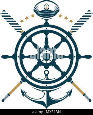 Ship wheel, anchor, oar, captains hat icons design. Nautical badge on white background. Stock Vector