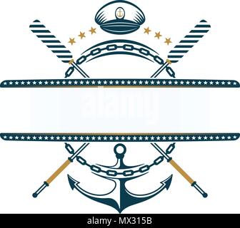 Anchor, oar, anchor chain, captains hat icons design. Nautical label on white background. Stock Vector