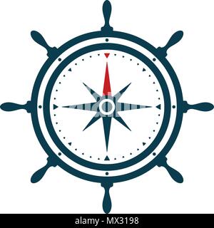Ship wheel and compass rose on white background. Nautical icon design. Stock Vector