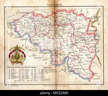 . English: Map of Belgium, c. 1850-60 (certainly pre-1870). Borders with the Netherlands, France and Prussia marked and population given in table at bottom. 15 December 2013, 13:35:06. Unknown. Signed P. Coppens. 79 Belgium c.1850-60 Stock Photo