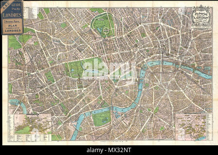 . Geographia Pictoria Plan of London.  English: This is a wonderful map of pocket map of London and published c. 1924 by Geographia Ltd. Covers downtown London from the Hammersmith Bridge and Wormwood scrubs eastward past Hyde Park and Buckingham Place to Whitechapel Road and the London Docks. Unlike most English city plans of the period, this map replicates the pictorial style which popular in Paris during the early part of the 20th century. Features many of the buildings of London drawn in three dimensions. Insets in the lower right and lower left depict Theaterland and Clubland, respectivel Stock Photo
