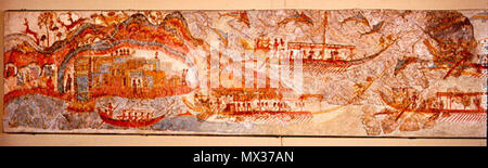 . detail of a bronze age fresco. English: Minoan fresco of the town of Akrotiri, Santorini, Greece .  1600 B.C.. This file is lacking author information. 31 Akrotiri Minoan fresco Stock Photo