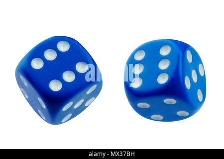 Two blue dice rolling isolated on white Stock Photo
