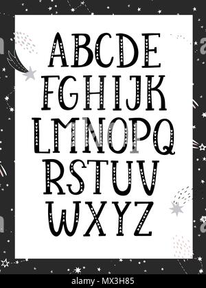Hand drawn graphic font. Black and white, monochrome alphabet. For typography poster, card and label, brochure, flyer, page and banner design. Vector illusration. Stock Vector