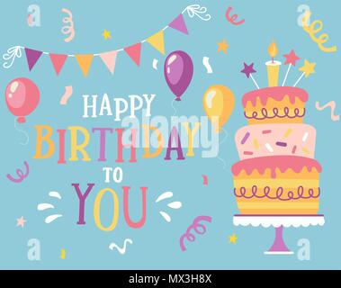 Happy Birthday to you typographic vector design for greeting cards with balloon, confetti, lettering composition, flags and cake, design template for birthday celebration. Stock Vector