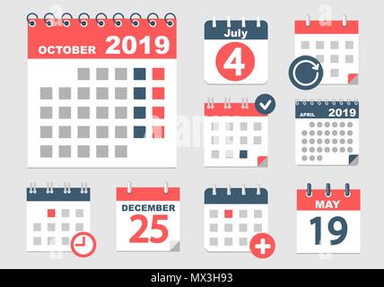 Set of different calendars with different options for 2018-2019 years with dates, holidays and weekands. Vector illustration. Stock Vector