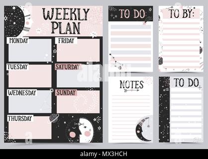 Weekly and Daily Planner Template. Organizer and Schedule with Notes and To Do List. Vector illustration. Stock Vector