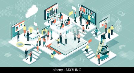 Academic students, researchers and professors working together: education, online learning and technology concept Stock Vector