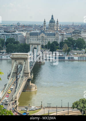 Szechenyi Chain Bridge & Suspension Bridge spanning the river Danube in Budapest. Stock Photo