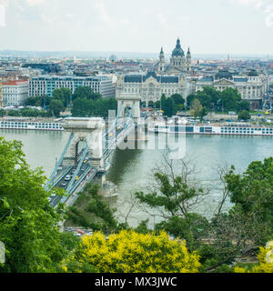 Szechenyi Chain Bridge & Suspension Bridge spanning the river Danube in Budapest. Stock Photo