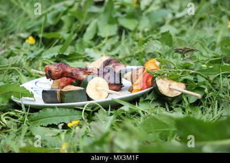 Barbecue grilled chicken and vegetables on the sticks.  A white plate between the grass. Stock Photo