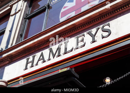 Name sign outside Hamleys, the iconic toy shop in Regent Street, London ...