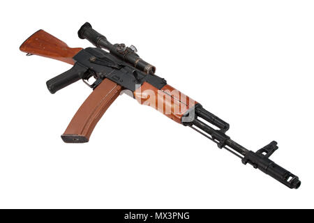 kalashnikov assault rifle ak74 with sniper scope isolated on a white background Stock Photo