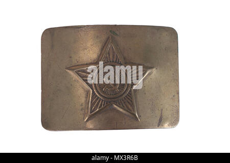 Old vintage buckle from soviet army uniform isolated on a white background Stock Photo