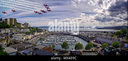 GB - DEVON: Red Arrows Team of the Royal Airforce above Torbay with Torbay harbour in foreground - 02 June 2018