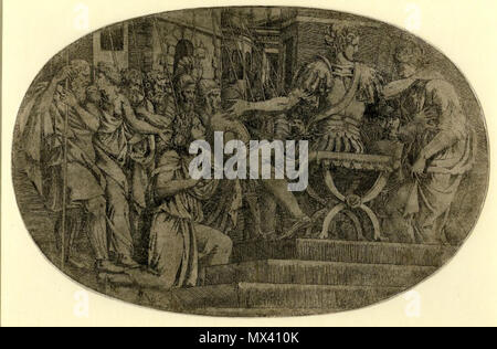 . English: Print by Antonio Fantuzzi, British Museum, The Continence of Scipio: Scipio, in Roman armour, giving the woman back to her husband kneeling on the left; within oval. 1543 Etching by: Antonio Fantuzzi After: Giulio Romano . 1540s. Antonio Fantuzzi (active 1540s) 49 Ant fantuzzi2 Stock Photo