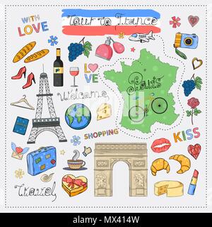 Tour to France icon set.Hand draw doodle sign collection.Paris vacation Stock Vector