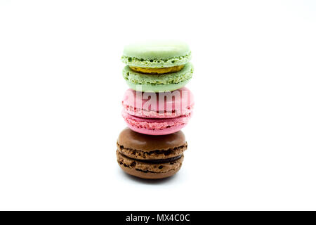 Macarons tower, Sweet colorful macarons isolated on white background Stock Photo